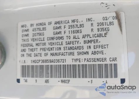 2009 Honda Accord 3.5 Ex-L z USA, uszkodzony, nr VIN 1HGCP36859A036721